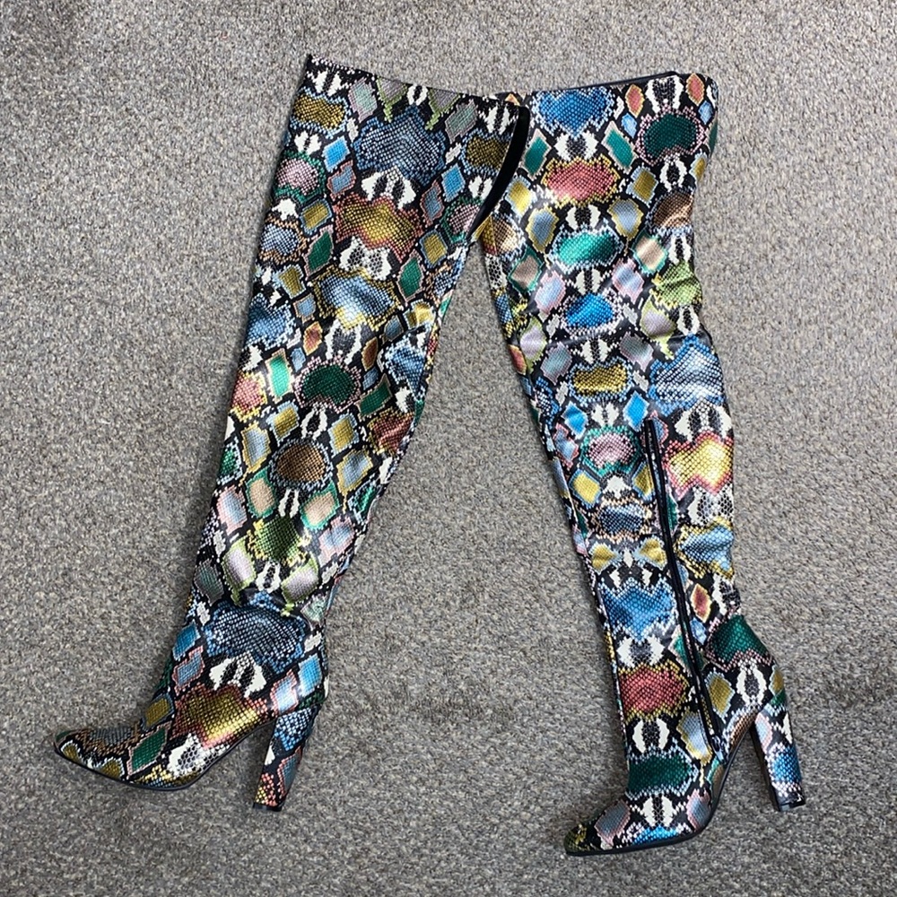 Multicolored Snake Print Thigh High Heel Boots